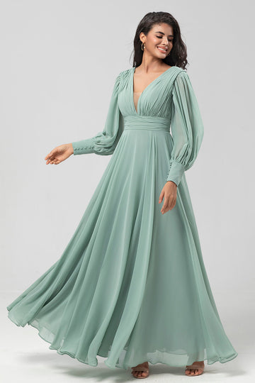 Avtakbare langermer Chiffon Green brudepike kjole med plissert